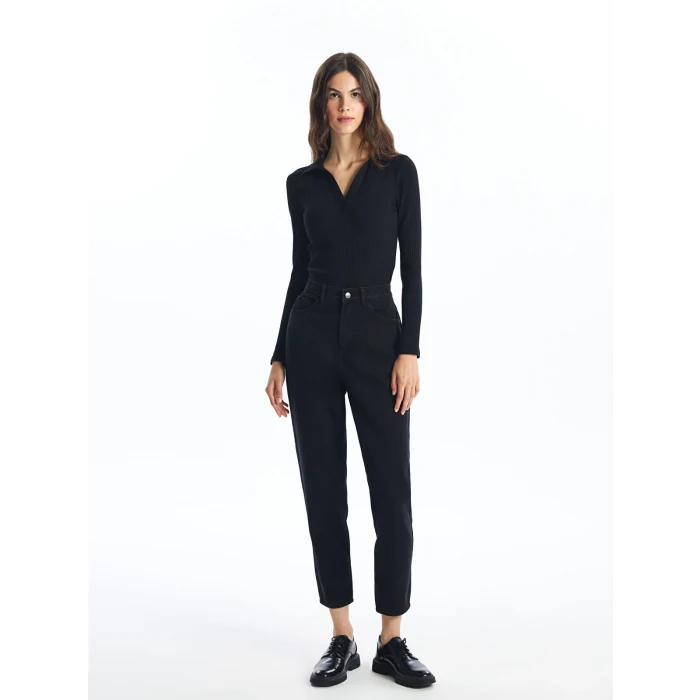 LCW Vision Siyah Polo Yaka Düz Uzun Kollu Kadın Body