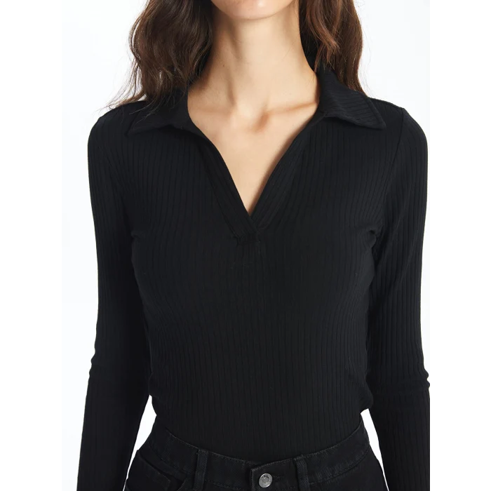 LCW Vision Siyah Polo Yaka Düz Uzun Kollu Kadın Body