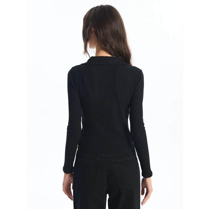 LCW Vision Siyah Polo Yaka Düz Uzun Kollu Kadın Body