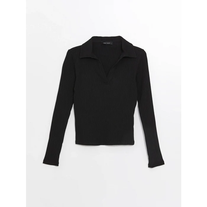 LCW Vision Siyah Polo Yaka Düz Uzun Kollu Kadın Body