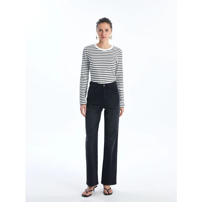 LCW Vision Siyah Bisiklet Yaka Çizgili Uzun Kollu Kadın Body