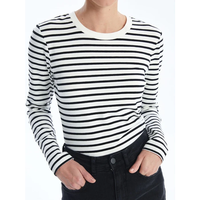 LCW Vision Siyah Bisiklet Yaka Çizgili Uzun Kollu Kadın Body