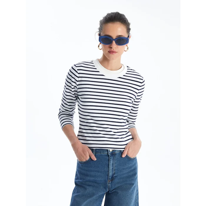 LCW Vision Lacivert Bisiklet Yaka Çizgili Uzun Kollu Kadın Body