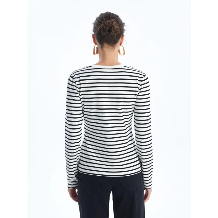 LCW Vision Siyah Bisiklet Yaka Çizgili Uzun Kollu Kadın Body