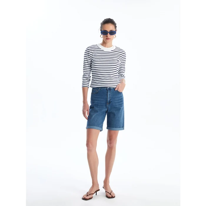 LCW Vision Lacivert Bisiklet Yaka Çizgili Uzun Kollu Kadın Body