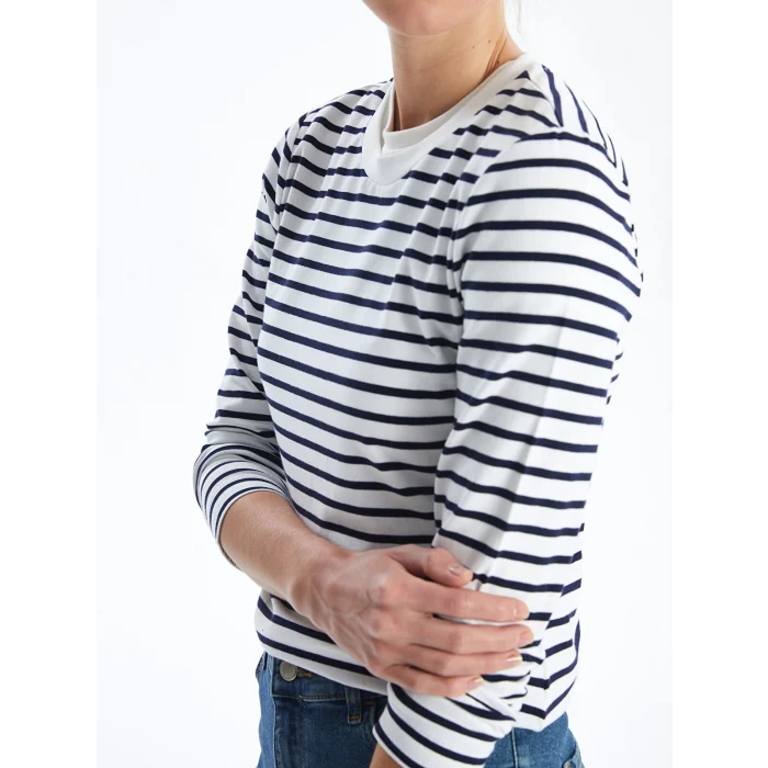 LCW Vision Lacivert Bisiklet Yaka Çizgili Uzun Kollu Kadın Body