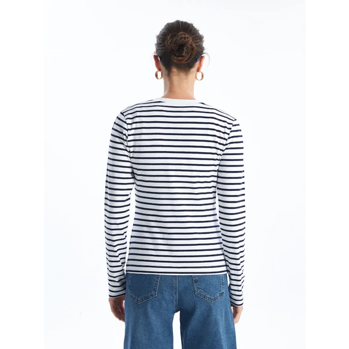 LCW Vision Lacivert Bisiklet Yaka Çizgili Uzun Kollu Kadın Body