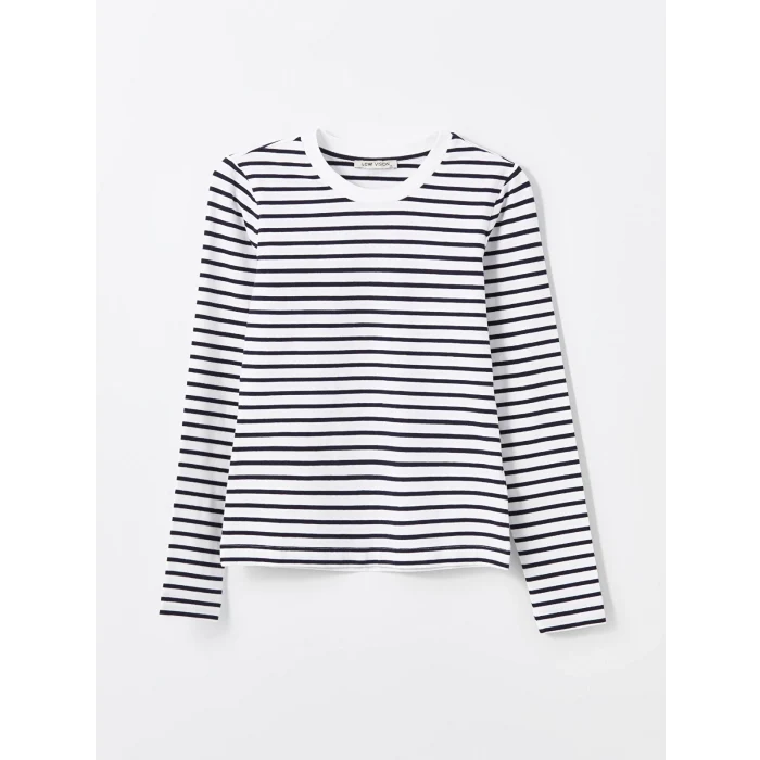 LCW Vision Lacivert Bisiklet Yaka Çizgili Uzun Kollu Kadın Body