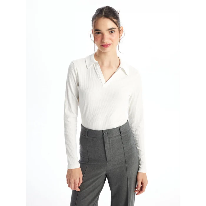 LCWAIKIKI Basic Ekru Polo Yaka Düz Uzun Kollu Kadın Body