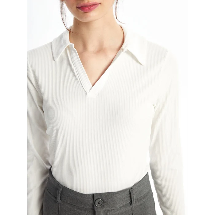 LCWAIKIKI Basic Ekru Polo Yaka Düz Uzun Kollu Kadın Body