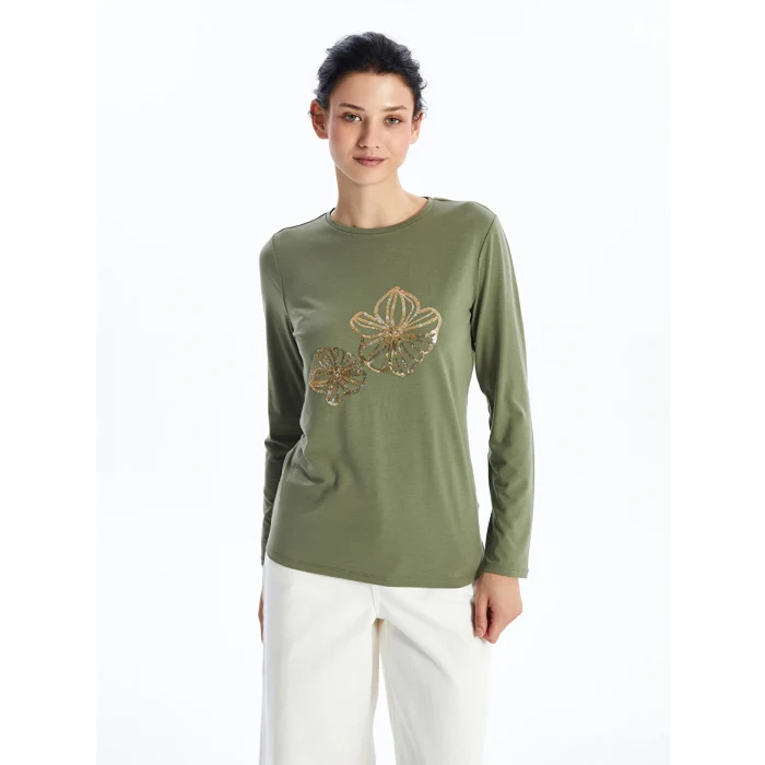 LCWAIKIKI Basic Haki Bisiklet Yaka Baskılı Uzun Kollu Kadın Tişört