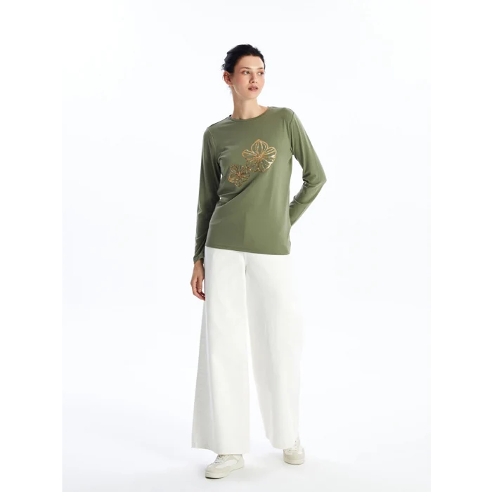 LCWAIKIKI Basic Haki Bisiklet Yaka Baskılı Uzun Kollu Kadın Tişört