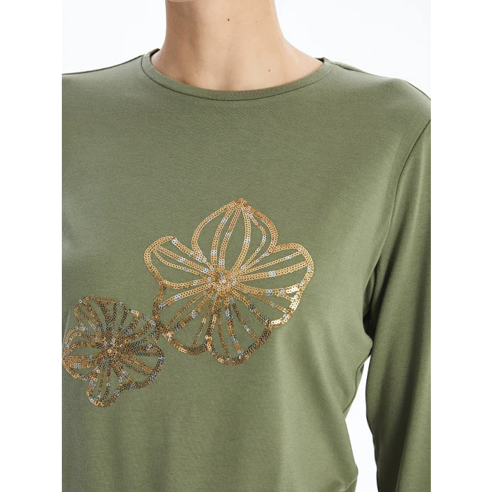 LCWAIKIKI Basic Haki Bisiklet Yaka Baskılı Uzun Kollu Kadın Tişört