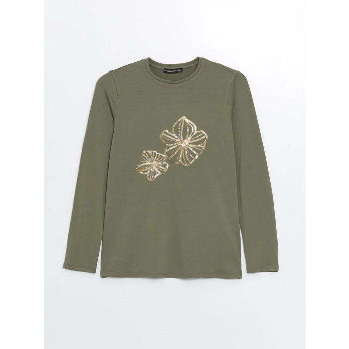 LCWAIKIKI Basic Haki Bisiklet Yaka Baskılı Uzun Kollu Kadın Tişört