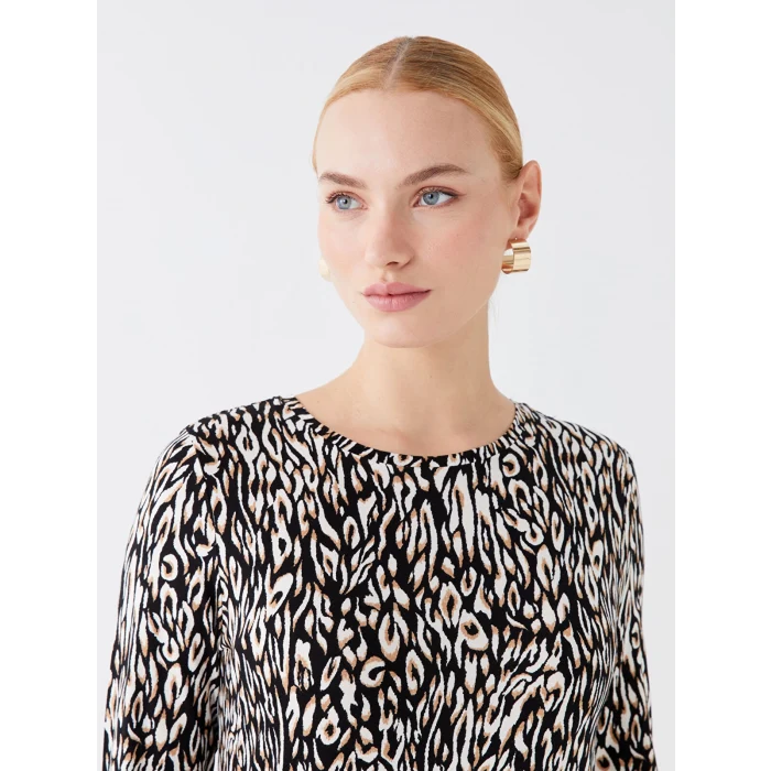 LCWAIKIKI Basic Bej Bisiklet Yaka Desenli Uzun Kollu Kadın Bluz