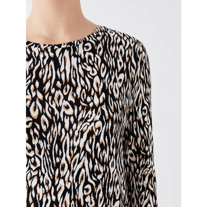 LCWAIKIKI Basic Bej Bisiklet Yaka Desenli Uzun Kollu Kadın Bluz