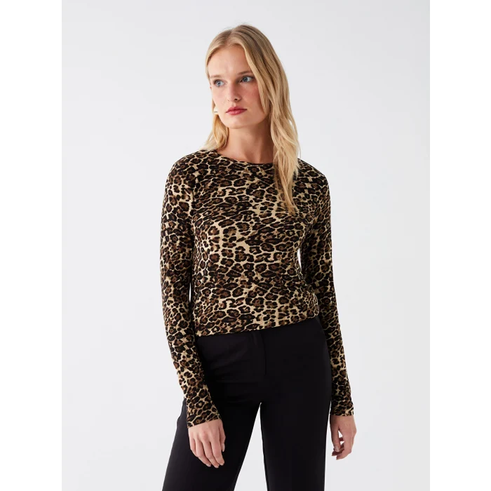 LCWAIKIKI Basic Bej Bisiklet Yaka Desenli Uzun Kollu Kadın Tişört