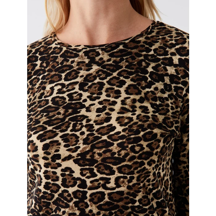 LCWAIKIKI Basic Bej Bisiklet Yaka Desenli Uzun Kollu Kadın Tişört