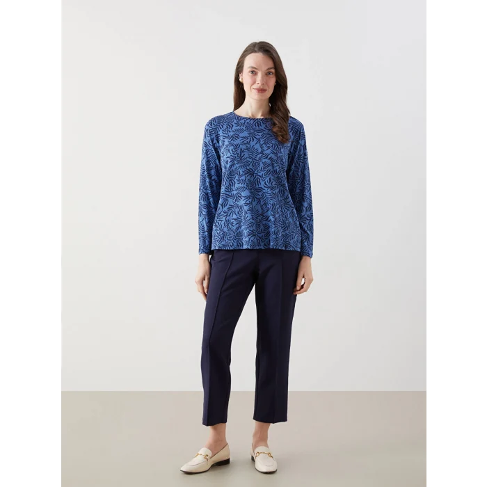 LCW Grace Lacivert Bisiklet Yaka Desenli Kadın Tişört