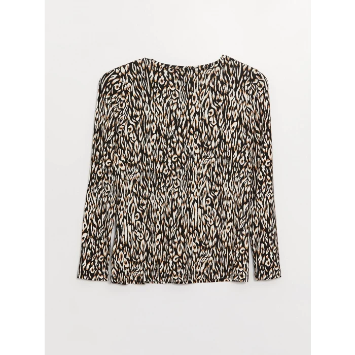 LCWAIKIKI Basic Bej Bisiklet Yaka Desenli Uzun Kollu Kadın Bluz