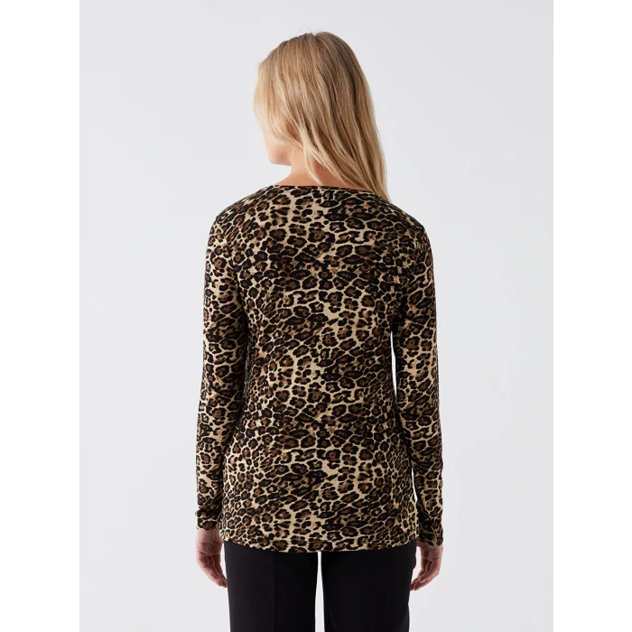 LCWAIKIKI Basic Bej Bisiklet Yaka Desenli Uzun Kollu Kadın Tişört