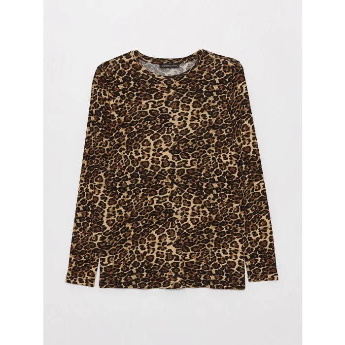 LCWAIKIKI Basic Bej Bisiklet Yaka Desenli Uzun Kollu Kadın Tişört