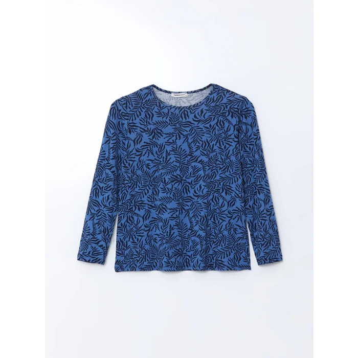 LCW Grace Lacivert Bisiklet Yaka Desenli Kadın Tişört