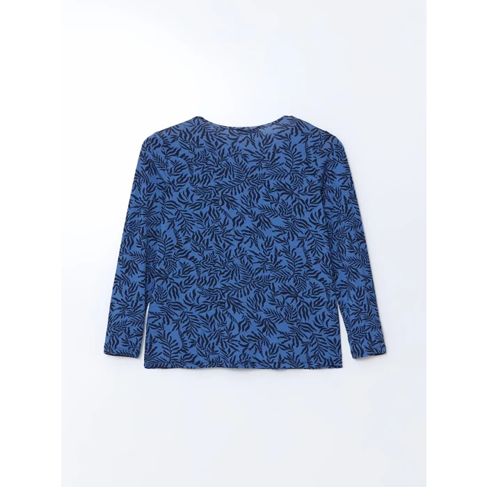 LCW Grace Lacivert Bisiklet Yaka Desenli Kadın Tişört