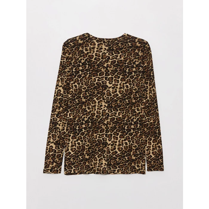 LCWAIKIKI Basic Bej Bisiklet Yaka Desenli Uzun Kollu Kadın Tişört