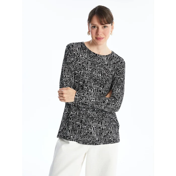 LCW Grace Siyah Bisiklet Yaka Desenli Kadın Tişört