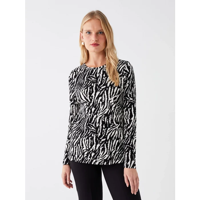 LCWAIKIKI Basic Siyah Bisiklet Yaka Desenli Uzun Kollu Kadın Bluz