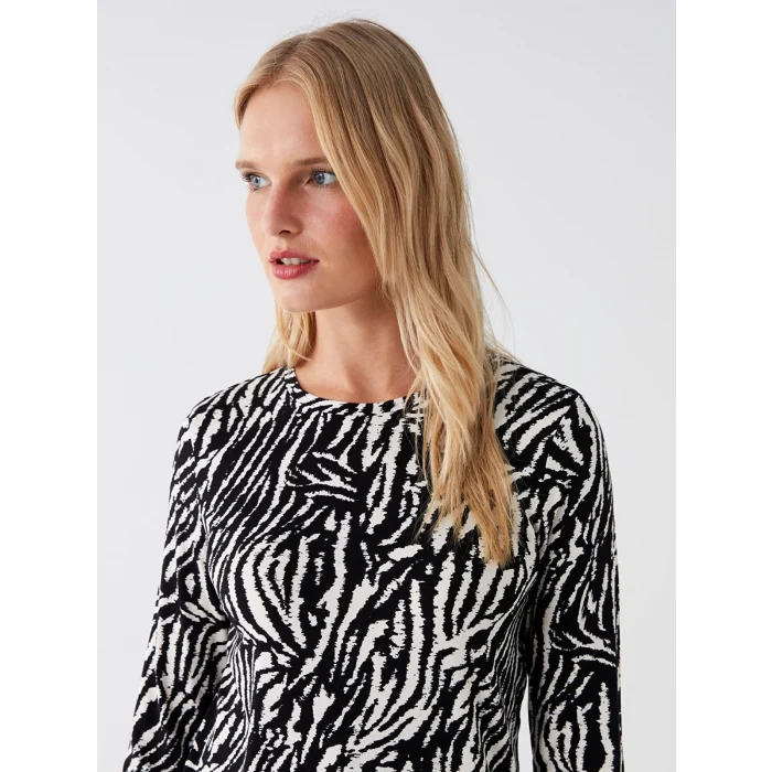 LCWAIKIKI Basic Siyah Bisiklet Yaka Desenli Uzun Kollu Kadın Bluz