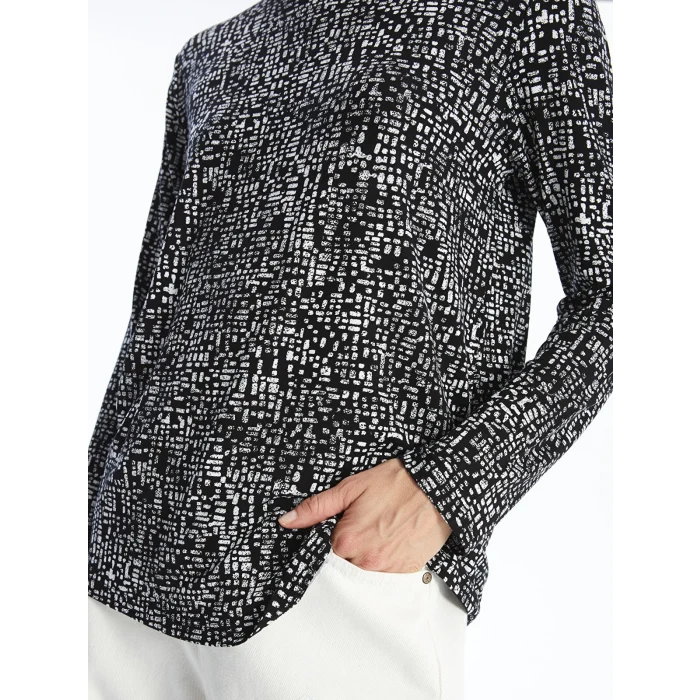 LCW Grace Siyah Bisiklet Yaka Desenli Kadın Tişört