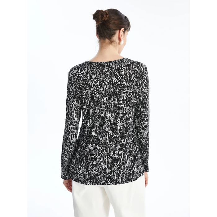 LCW Grace Siyah Bisiklet Yaka Desenli Kadın Tişört