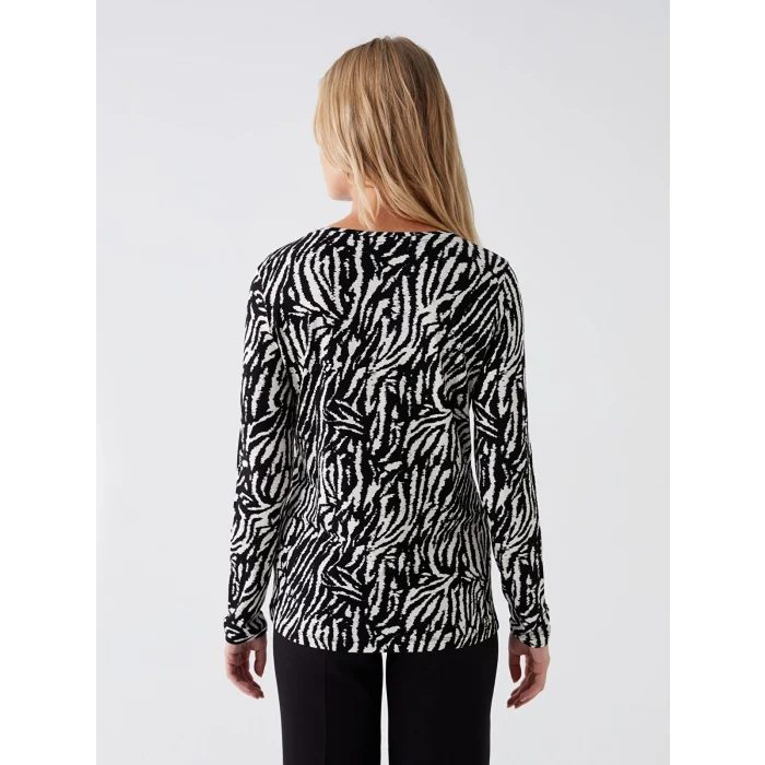 LCWAIKIKI Basic Siyah Bisiklet Yaka Desenli Uzun Kollu Kadın Bluz
