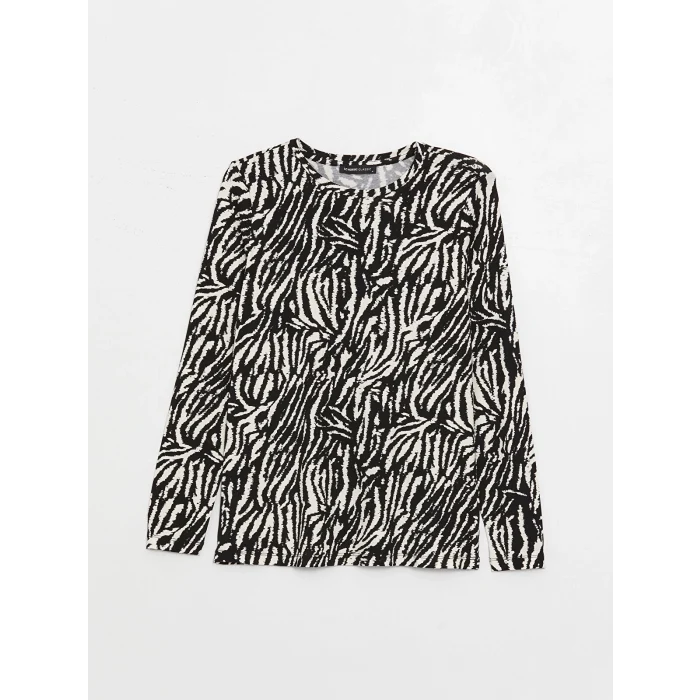 LCWAIKIKI Basic Siyah Bisiklet Yaka Desenli Uzun Kollu Kadın Bluz