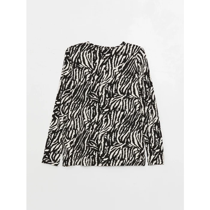 LCWAIKIKI Basic Siyah Bisiklet Yaka Desenli Uzun Kollu Kadın Bluz