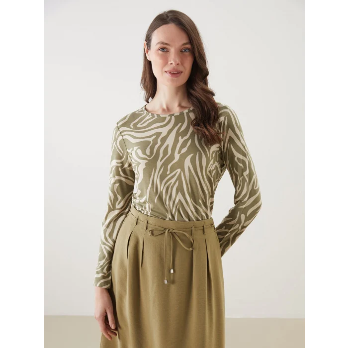 LCW Grace Bej Bisiklet Yaka Desenli Kadın Tişört