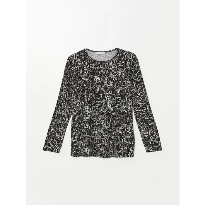 LCW Grace Siyah Bisiklet Yaka Desenli Kadın Tişört