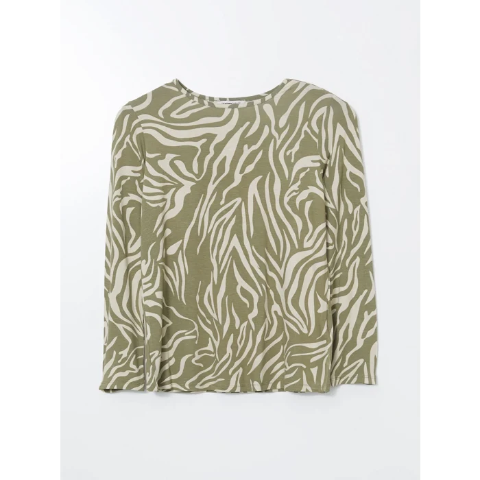 LCW Grace Bej Bisiklet Yaka Desenli Kadın Tişört