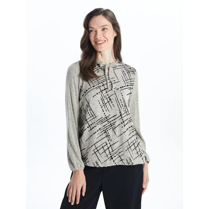 LCW Grace Bej Bağlamalı Yaka Desenli Kadın Bluz