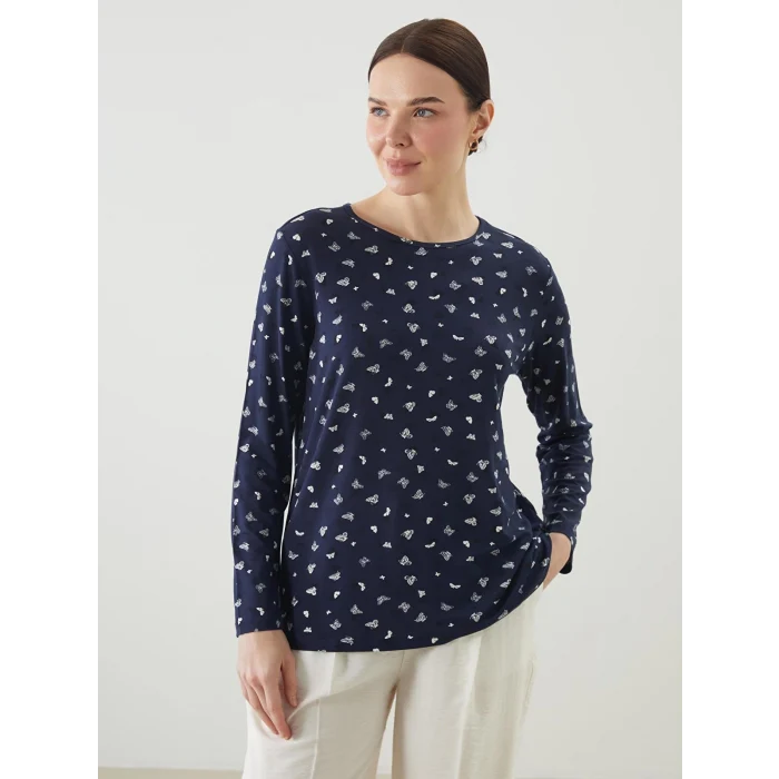 LCW Grace Lacivert Bisiklet Yaka Desenli Kadın Tişört