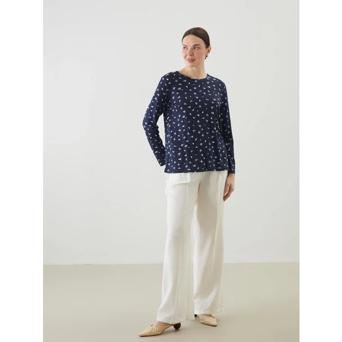 LCW Grace Lacivert Bisiklet Yaka Desenli Kadın Tişört