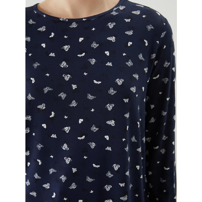 LCW Grace Lacivert Bisiklet Yaka Desenli Kadın Tişört