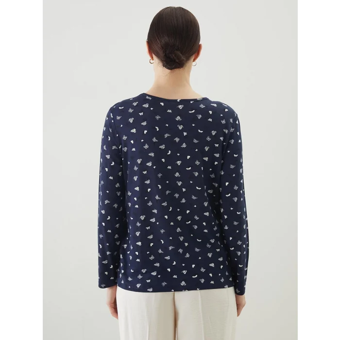 LCW Grace Lacivert Bisiklet Yaka Desenli Kadın Tişört