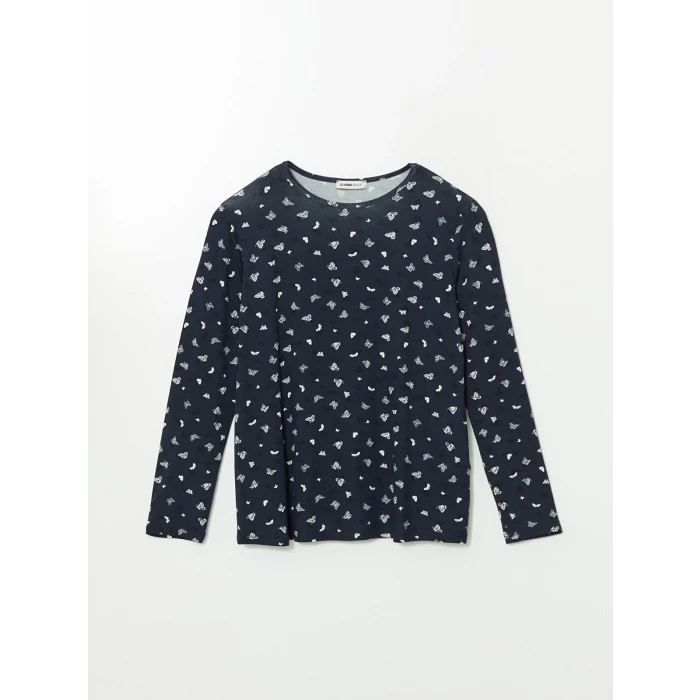 LCW Grace Lacivert Bisiklet Yaka Desenli Kadın Tişört