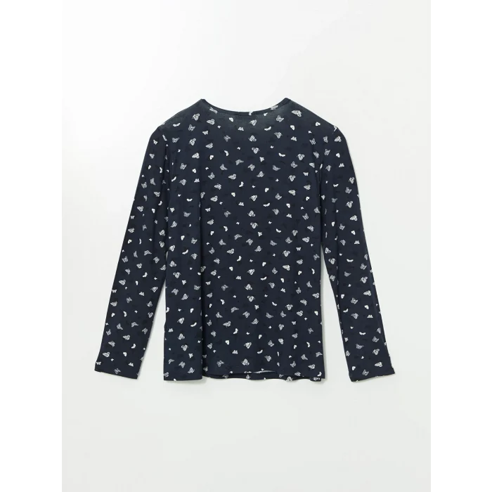 LCW Grace Lacivert Bisiklet Yaka Desenli Kadın Tişört