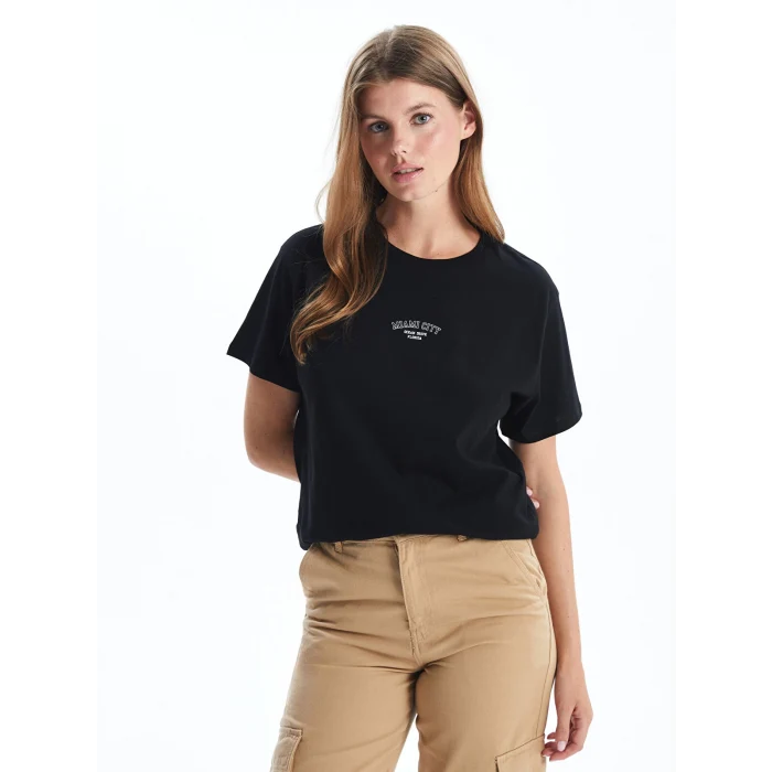 LCW Vision Siyah Bisiklet Yaka Baskılı Kadın Tişört