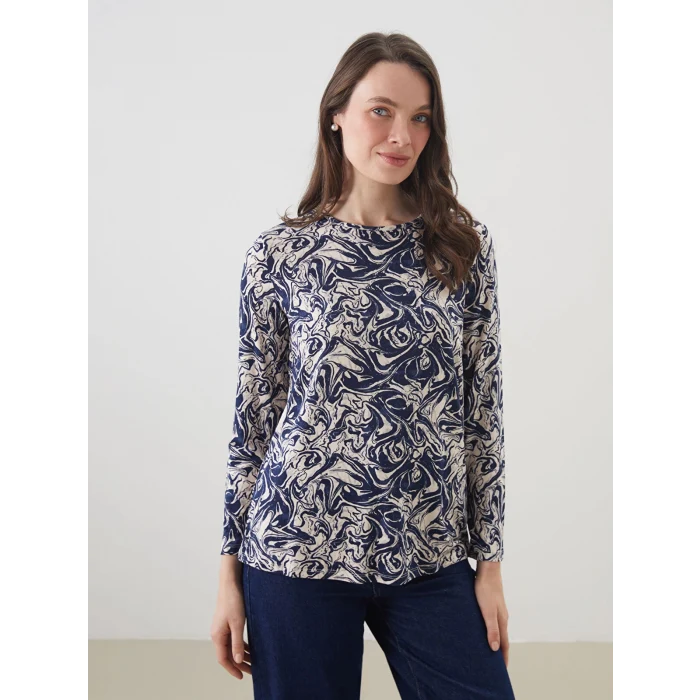 LCW Grace Lacivert Bisiklet Yaka Desenli Kadın Tişört