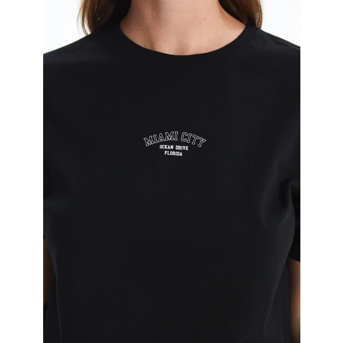 LCW Vision Siyah Bisiklet Yaka Baskılı Kadın Tişört